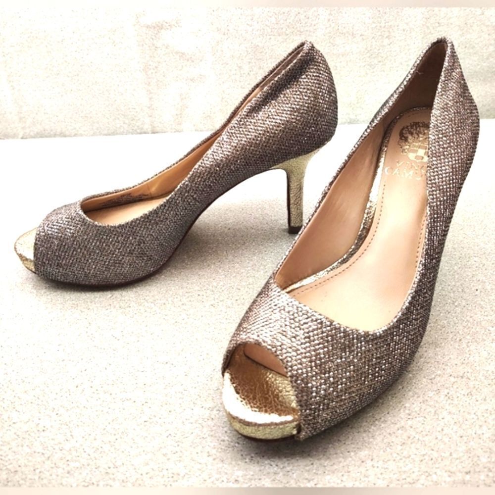 Vince Camuto Silver Grey Peep-Toe Heels Shoes Formal Party Sz 6